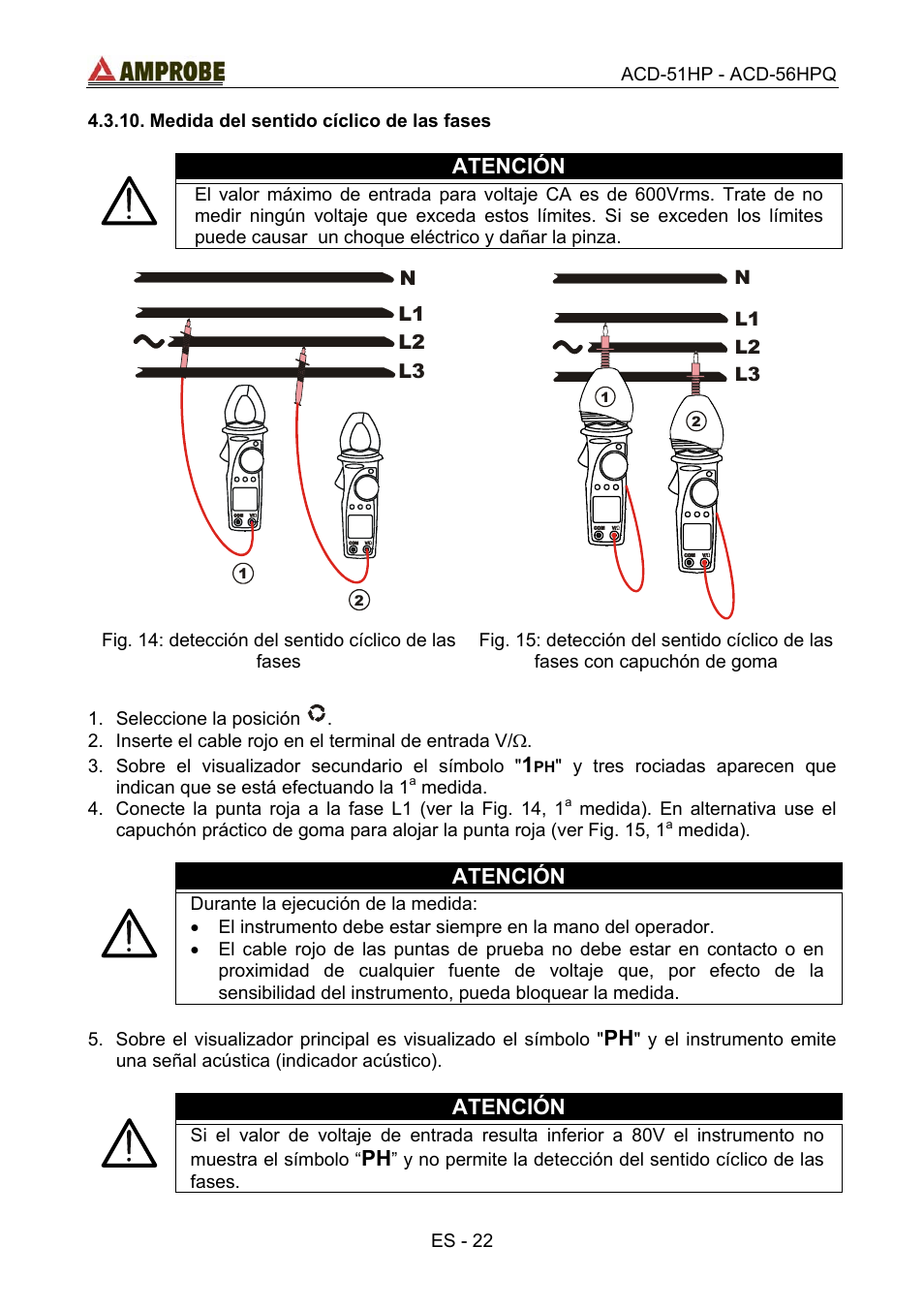 Medida del sentido cíclico de las fases, Atención | Amprobe ACD-51HP Power-Quality-Clamp-Ons User Manual | Page 60 / 71