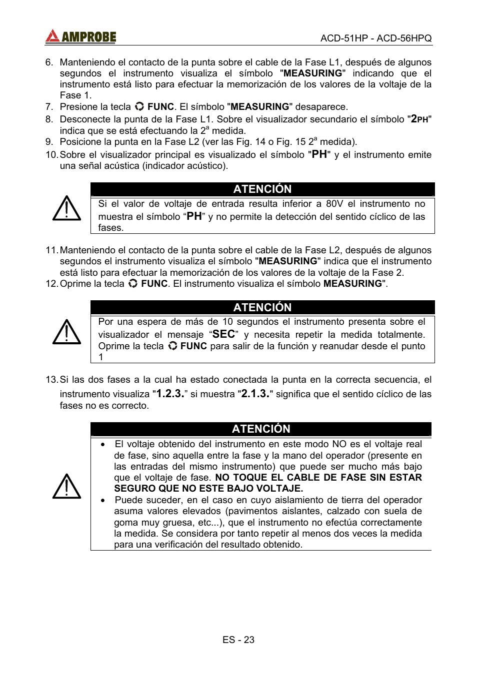 Atención | Amprobe ACD-51HP Power-Quality-Clamp-Ons User Manual | Page 61 / 71