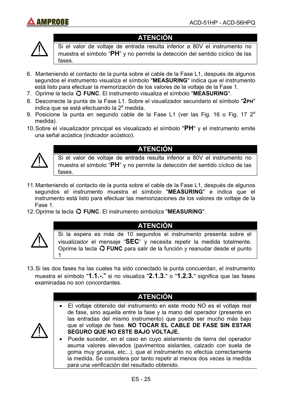Atención | Amprobe ACD-51HP Power-Quality-Clamp-Ons User Manual | Page 63 / 71