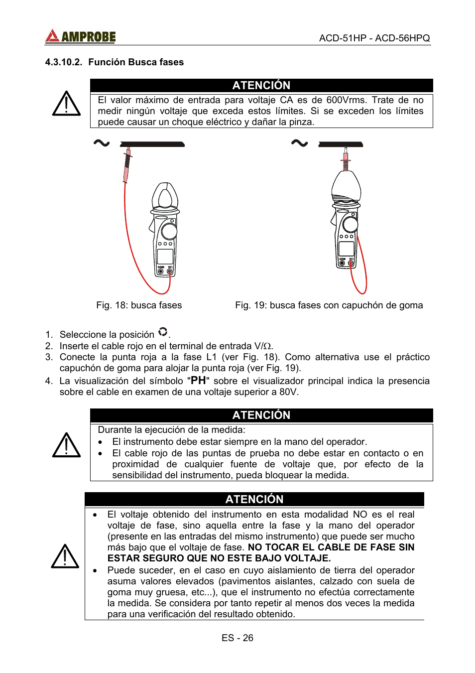 Función busca fases, Atención | Amprobe ACD-51HP Power-Quality-Clamp-Ons User Manual | Page 64 / 71