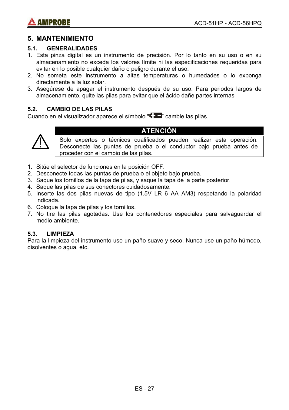 Mantenimiento, Generalidades, Cambio de las pilas | Limpieza, El párrafo 5.2, Atención | Amprobe ACD-51HP Power-Quality-Clamp-Ons User Manual | Page 65 / 71