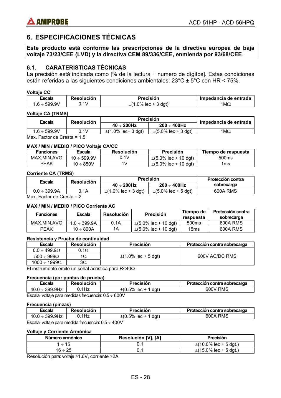 Especificaciones técnicas, Carateristicas técnicas | Amprobe ACD-51HP Power-Quality-Clamp-Ons User Manual | Page 66 / 71