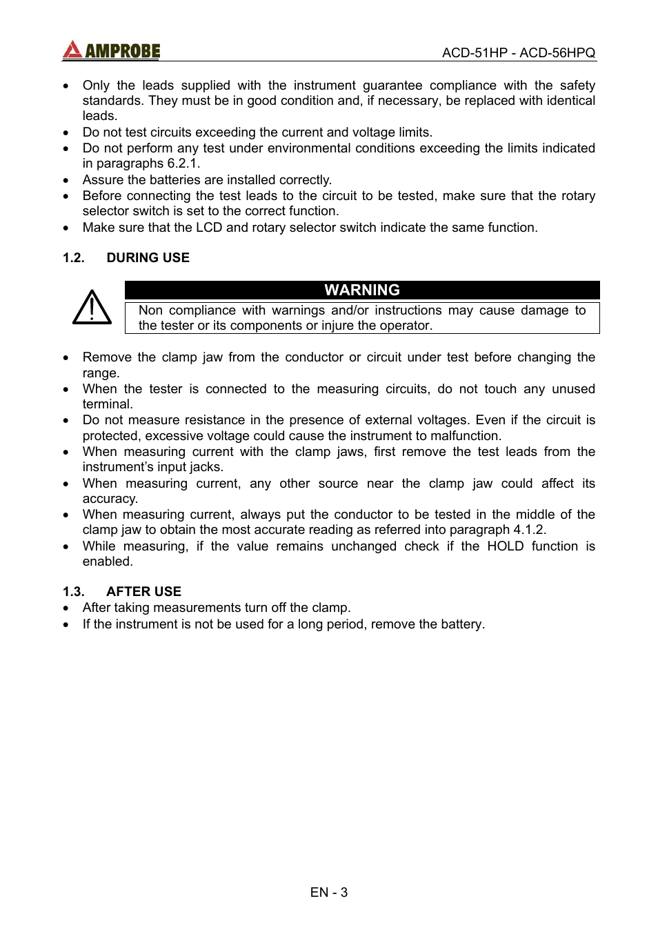 During use, After use, Warning | Amprobe ACD-51HP Power-Quality-Clamp-Ons User Manual | Page 7 / 71