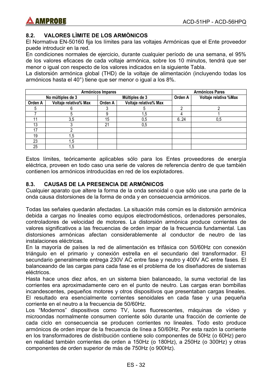 Valores lìmite de los armònicos, Orden a, Causas de la presencia de armónicos | Amprobe ACD-51HP Power-Quality-Clamp-Ons User Manual | Page 70 / 71