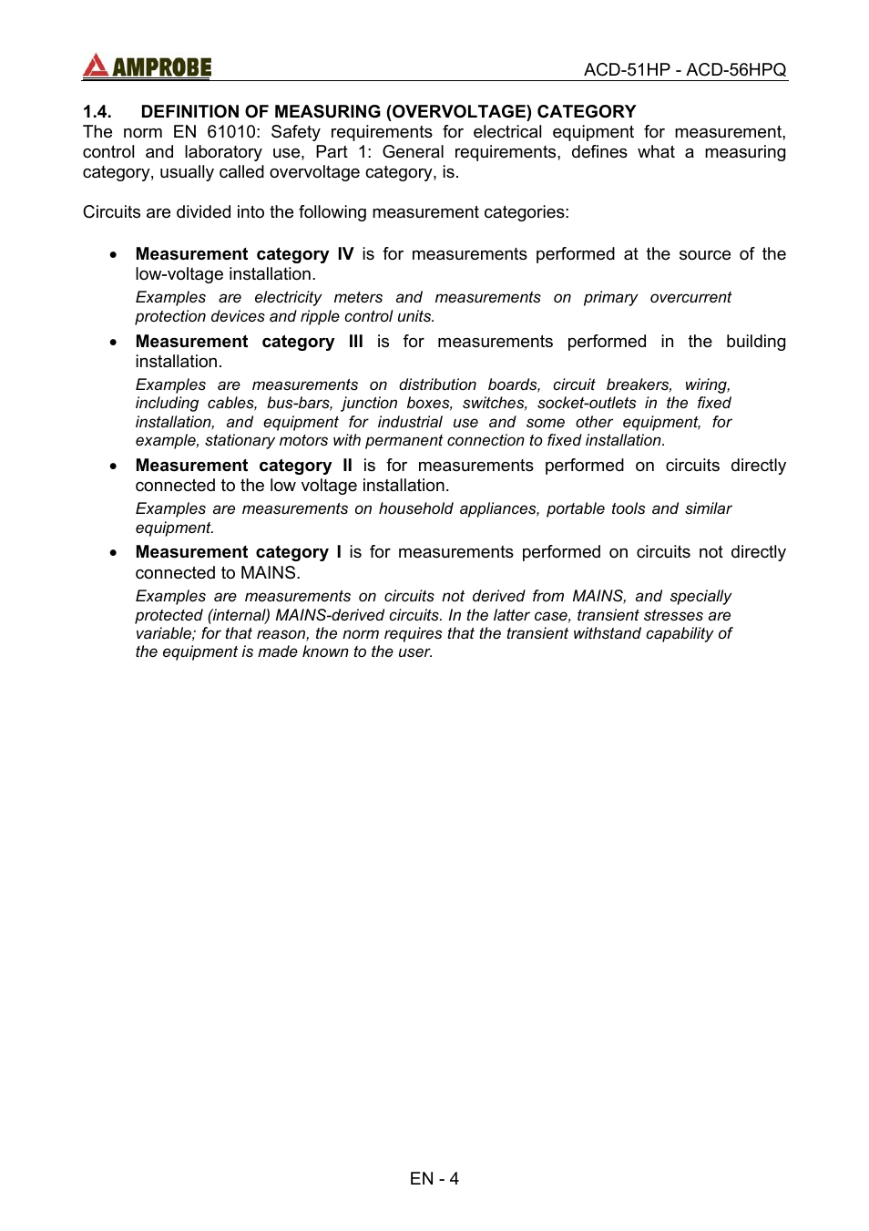 Definition of measuring (overvoltage) category | Amprobe ACD-51HP Power-Quality-Clamp-Ons User Manual | Page 8 / 71