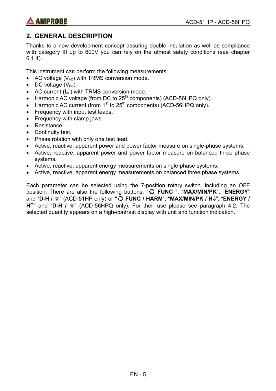 General description | Amprobe ACD-51HP Power-Quality-Clamp-Ons User Manual | Page 9 / 71