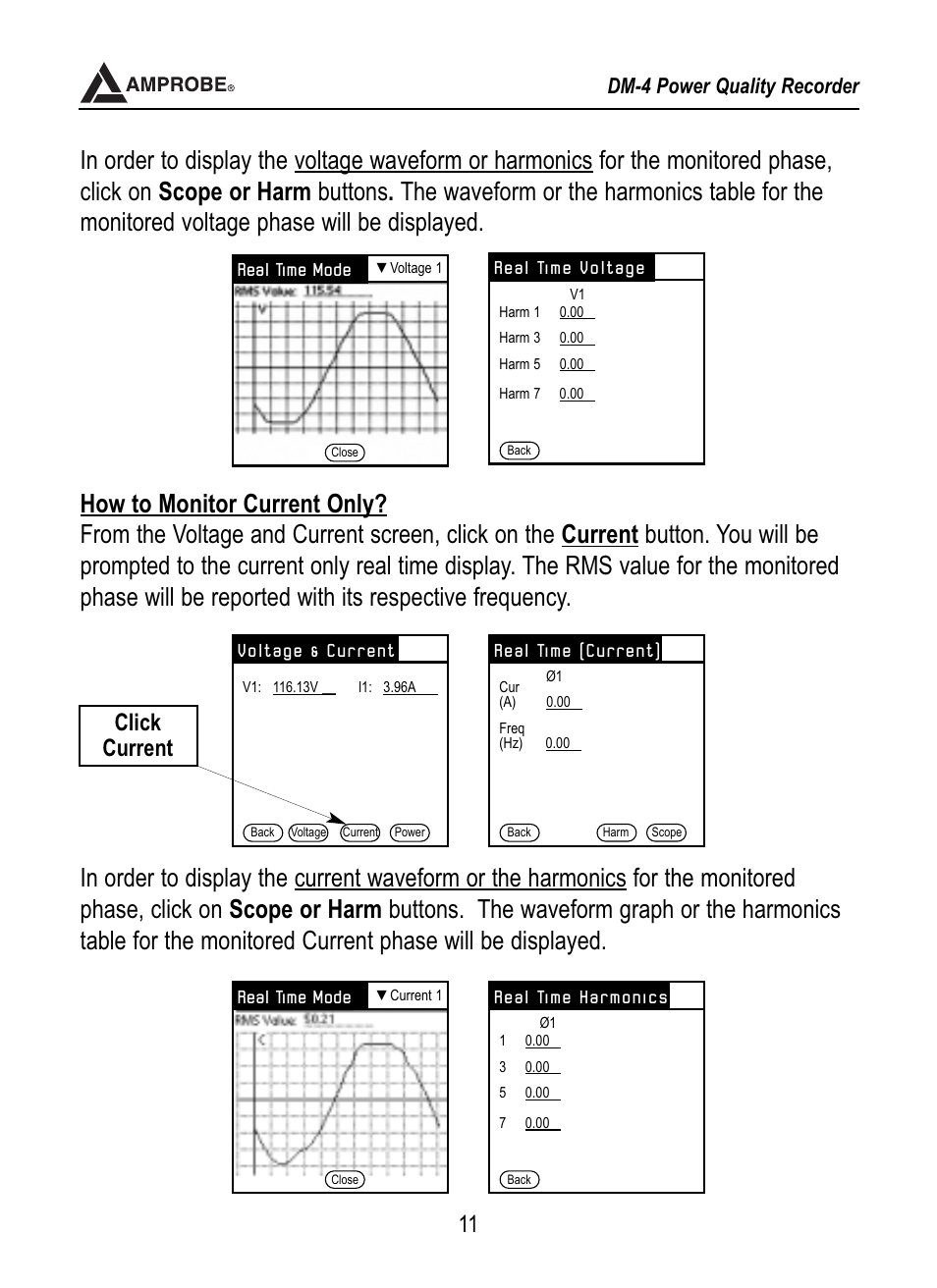 Click current, Dm-4 power quality recorder | Amprobe DM-4 Power-Quality-Recorder User Manual | Page 12 / 58