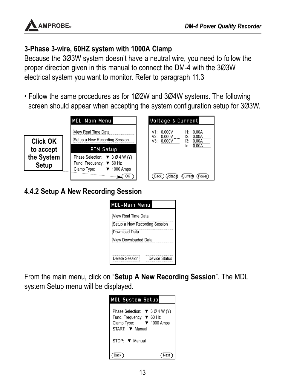 Tic recording session, Click ok to accept the system setup | Amprobe DM-4 Power-Quality-Recorder User Manual | Page 14 / 58