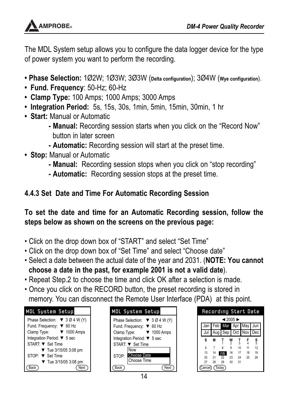 Settings, 3ø4w, Dm-4 power quality recorder | Amprobe DM-4 Power-Quality-Recorder User Manual | Page 15 / 58