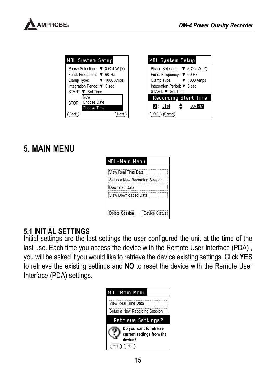 Time, Yzer config, Main menu | Dm-4 power quality recorder | Amprobe DM-4 Power-Quality-Recorder User Manual | Page 16 / 58