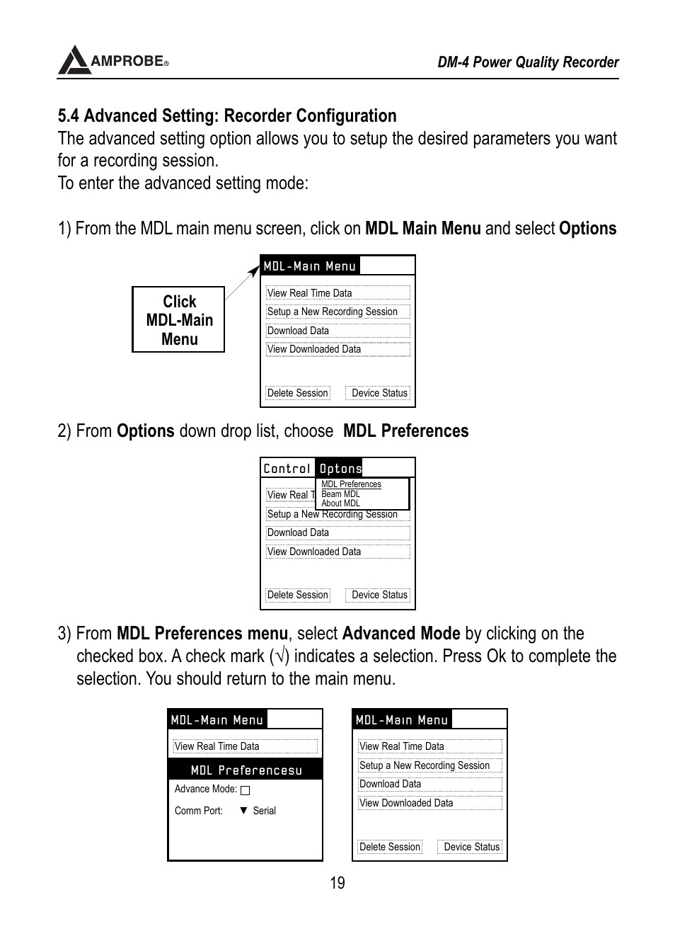 Click mdl-main menu | Amprobe DM-4 Power-Quality-Recorder User Manual | Page 20 / 58