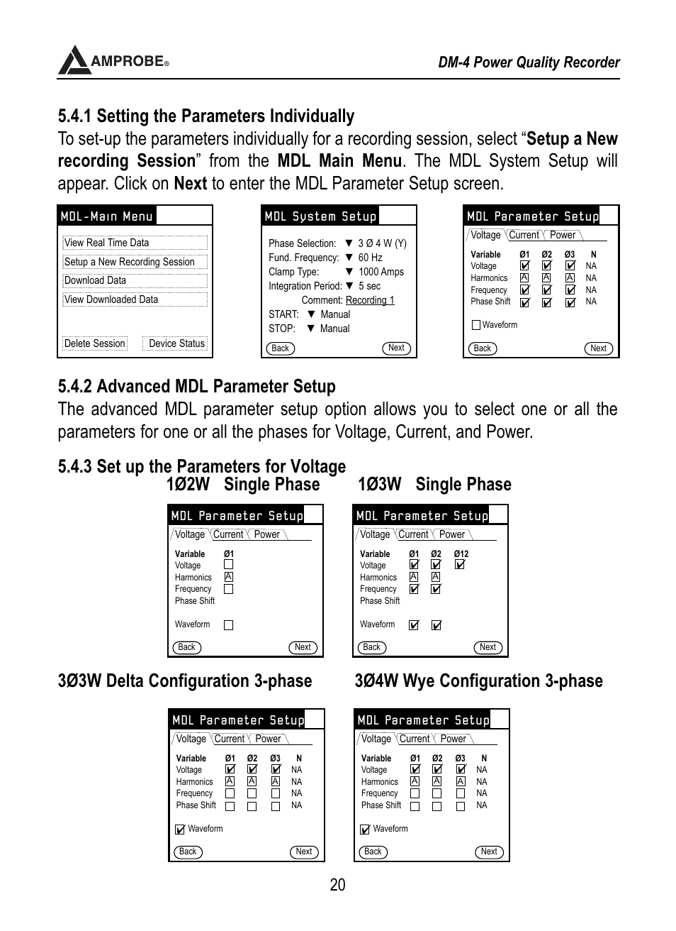 Arameters for power, Dm-4 power quality recorder, Mdl parameter setup | Mdl-main menu, Mdl system setup | Amprobe DM-4 Power-Quality-Recorder User Manual | Page 21 / 58