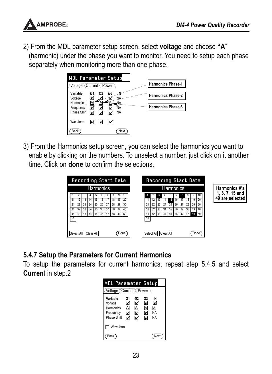 Ace (pda), Dm-4 power quality recorder, Mdl parameter setup | Recording start date, Harmonics | Amprobe DM-4 Power-Quality-Recorder User Manual | Page 24 / 58