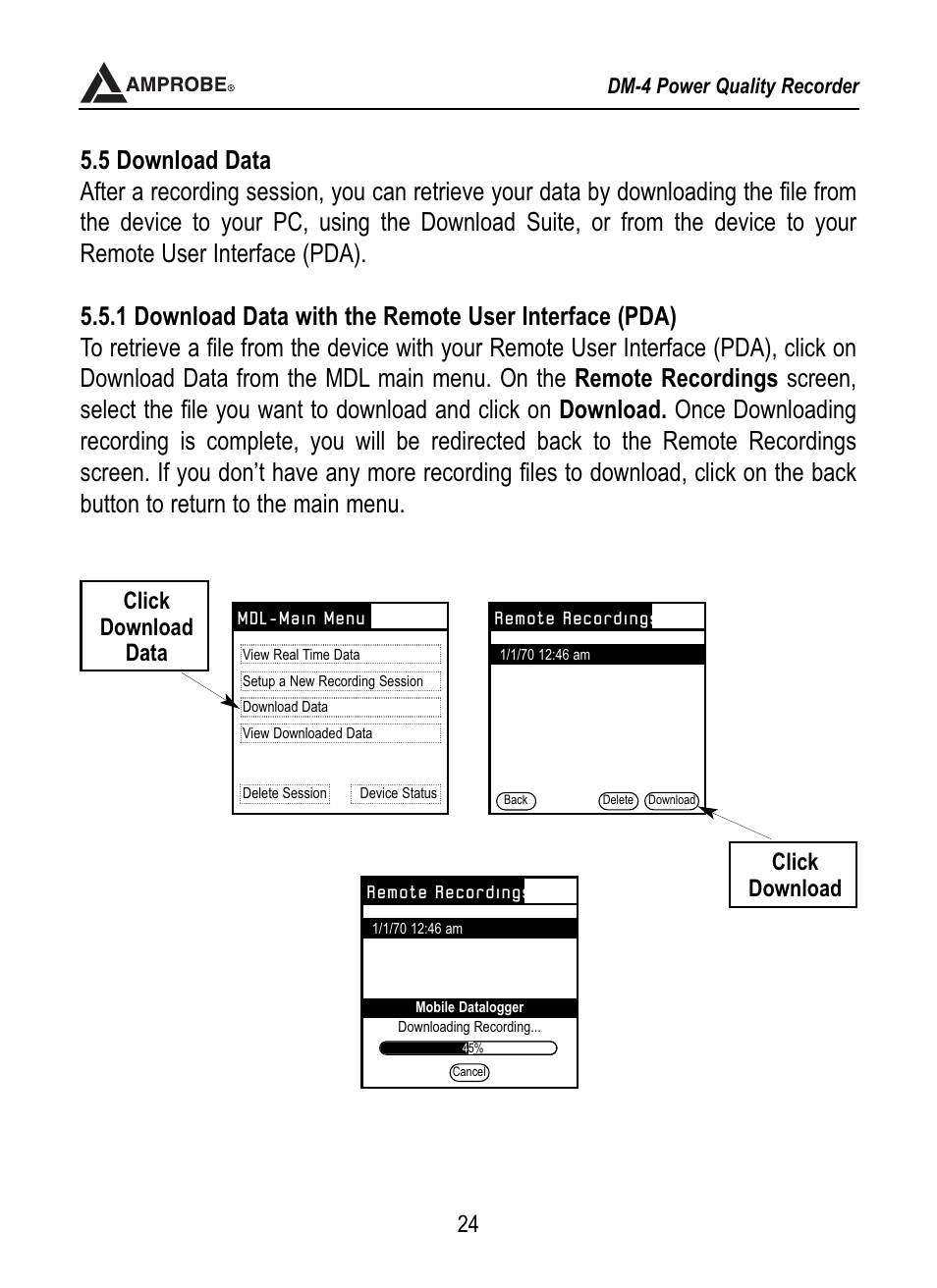 Tion, Click download data click download | Amprobe DM-4 Power-Quality-Recorder User Manual | Page 25 / 58