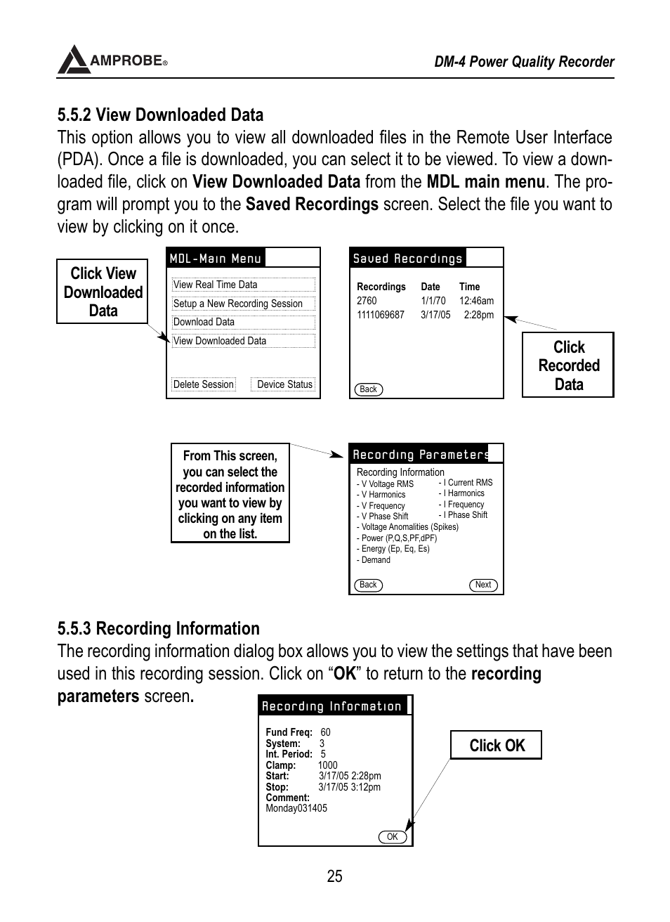 Click view downloaded data, Click recorded data click ok, Dm-4 power quality recorder | Amprobe DM-4 Power-Quality-Recorder User Manual | Page 26 / 58