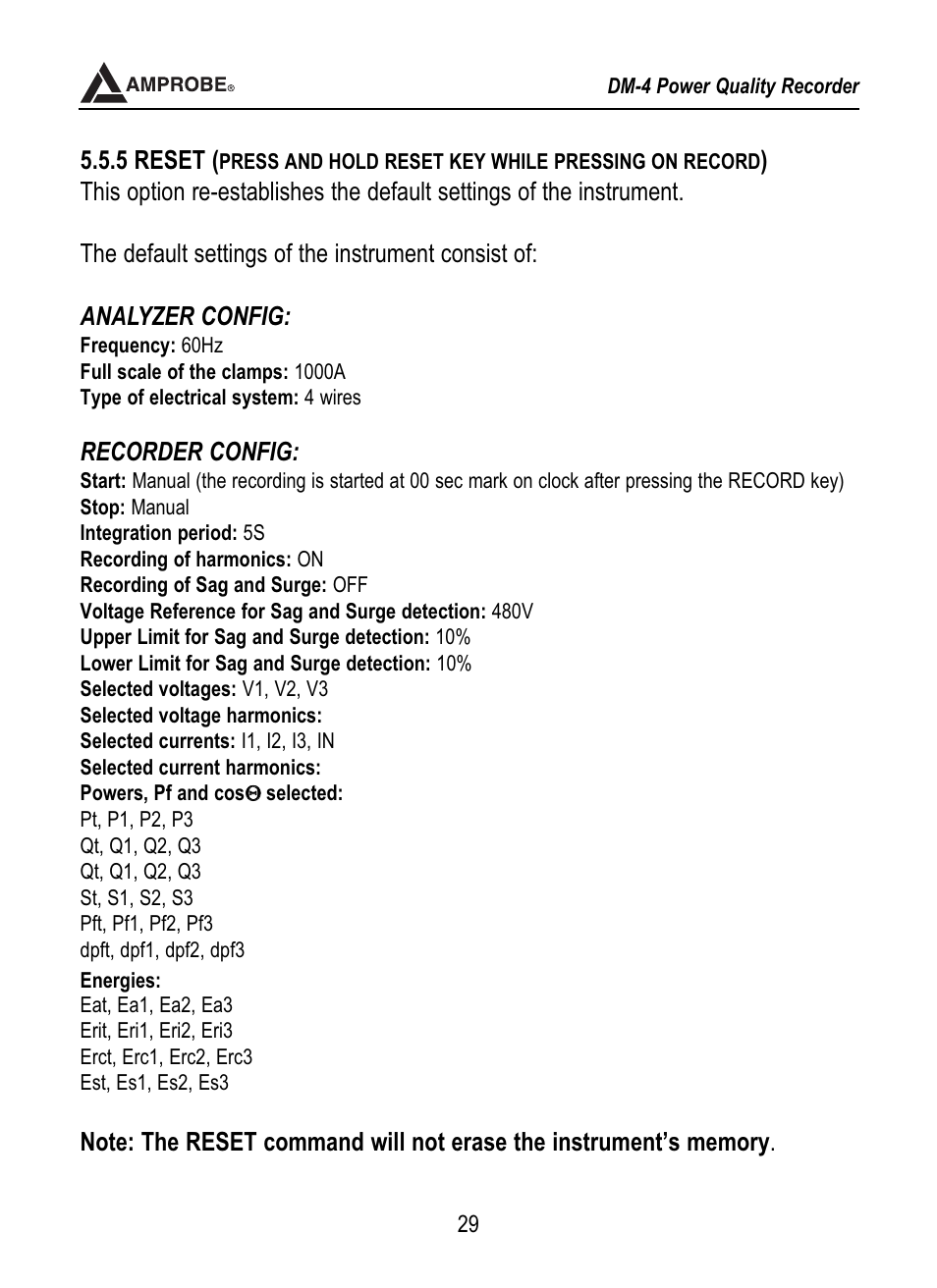 5 reset, Recorder config | Amprobe DM-4 Power-Quality-Recorder User Manual | Page 30 / 58