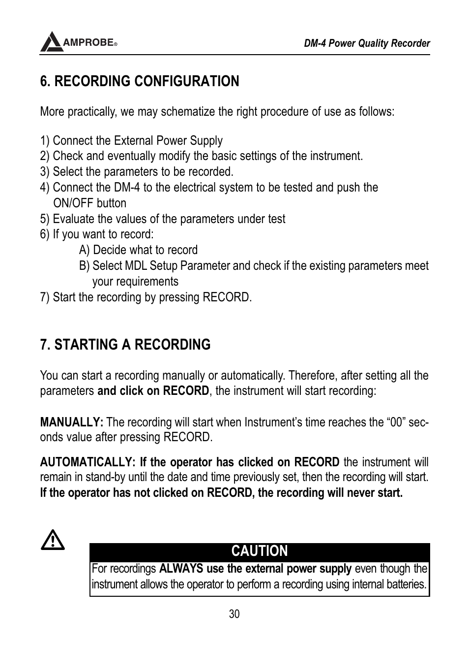 Recording configuration, Starting a recording, Caution | Amprobe DM-4 Power-Quality-Recorder User Manual | Page 31 / 58