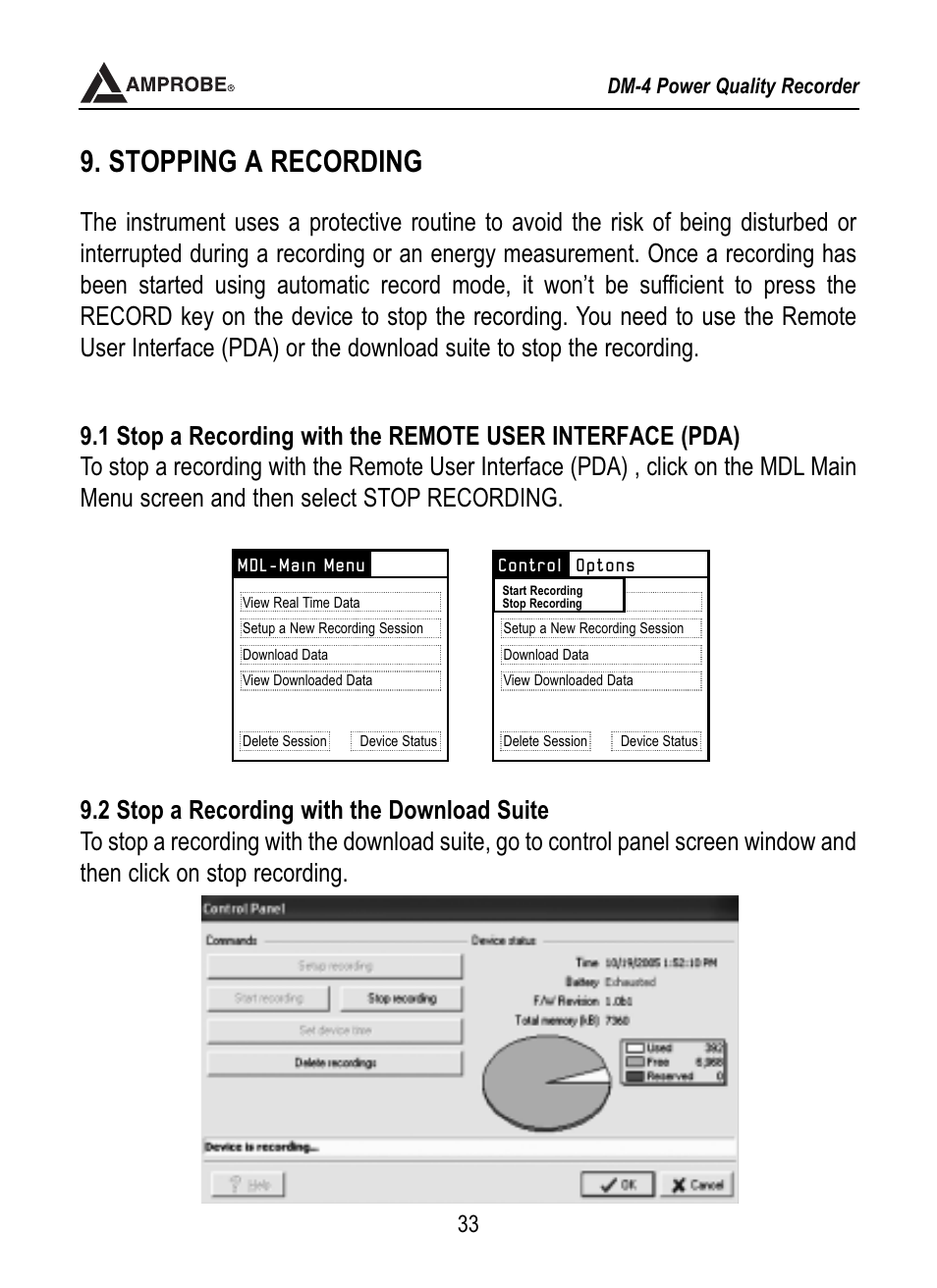 Stopping a recording | Amprobe DM-4 Power-Quality-Recorder User Manual | Page 34 / 58