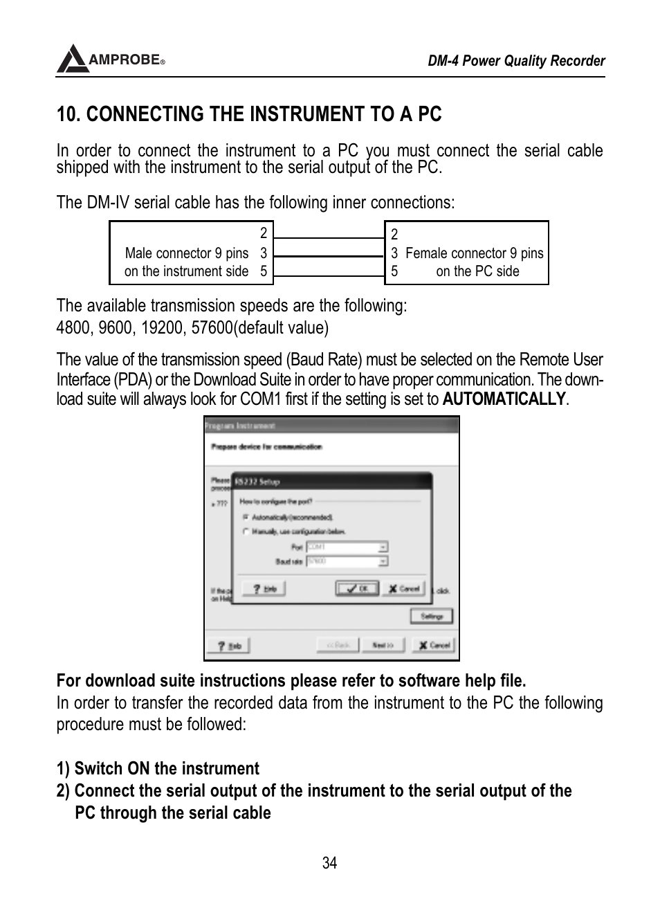 Single phase system, Connecting the instrument to a pc | Amprobe DM-4 Power-Quality-Recorder User Manual | Page 35 / 58