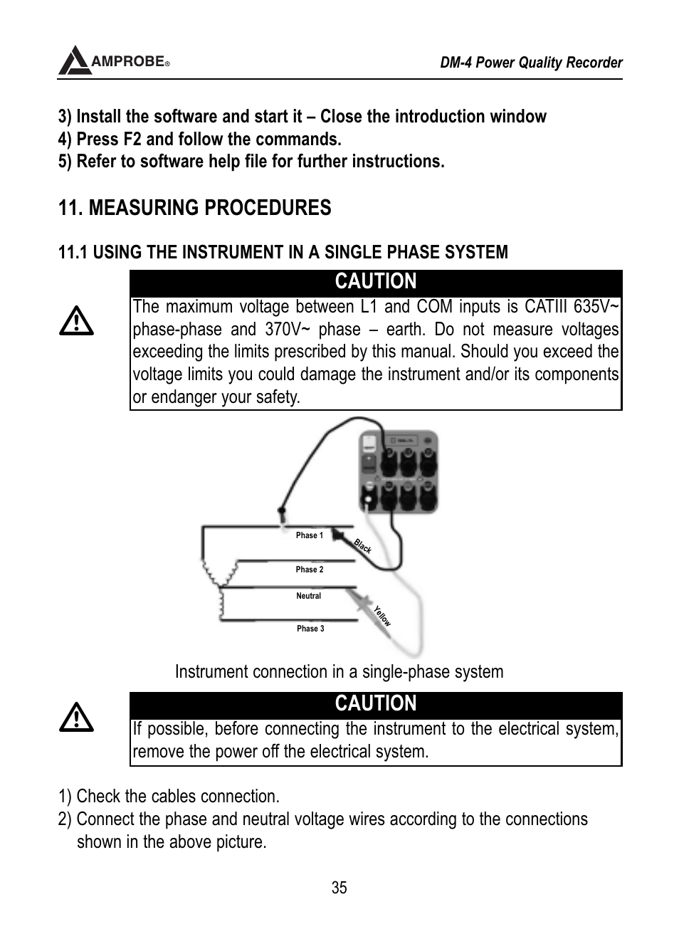 Measuring procedures, Caution | Amprobe DM-4 Power-Quality-Recorder User Manual | Page 36 / 58
