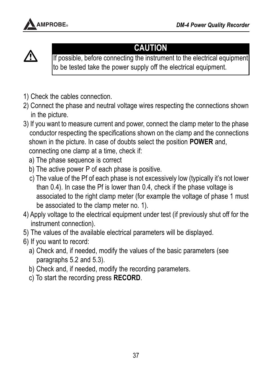 Caution | Amprobe DM-4 Power-Quality-Recorder User Manual | Page 38 / 58