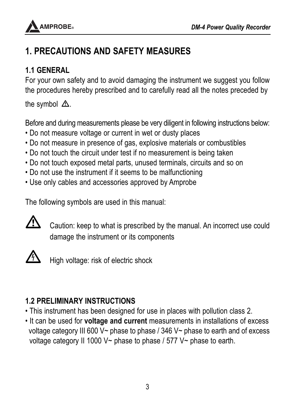 3 during use | Amprobe DM-4 Power-Quality-Recorder User Manual | Page 4 / 58