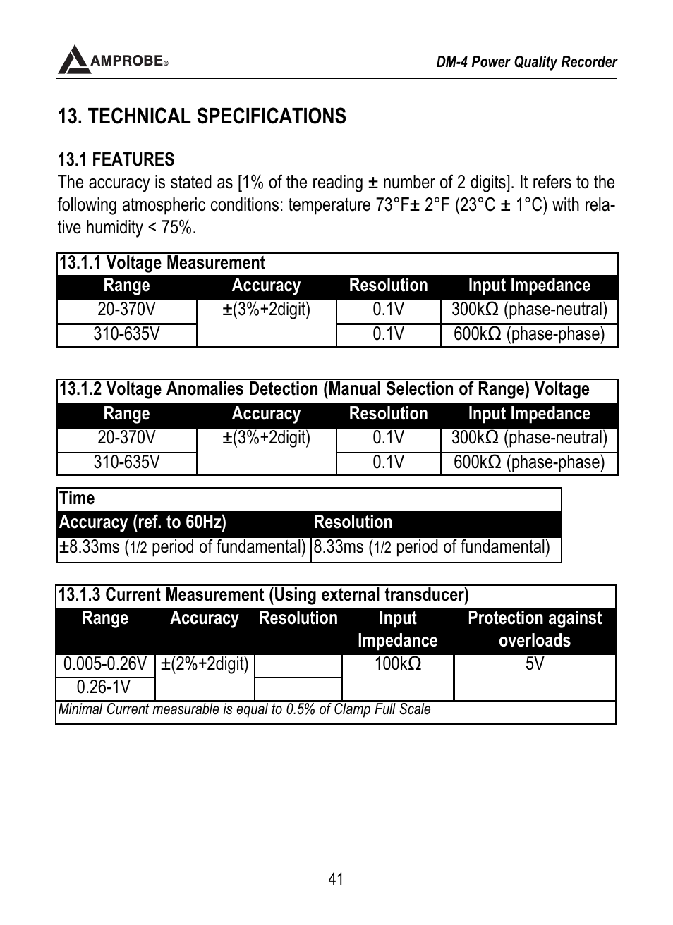 Technical specifications | Amprobe DM-4 Power-Quality-Recorder User Manual | Page 42 / 58