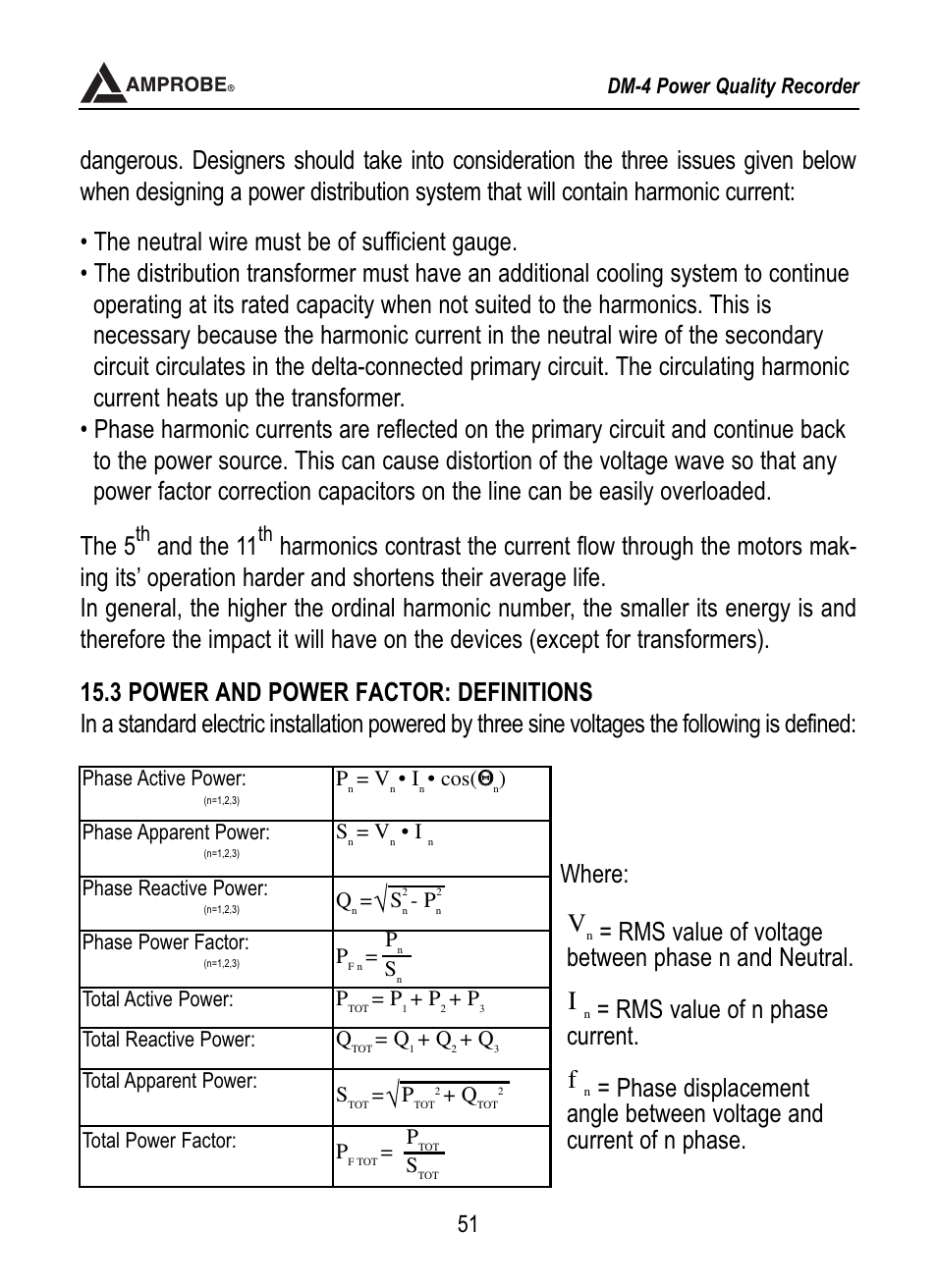 And the 11, Rms value of n phase current. f | Amprobe DM-4 Power-Quality-Recorder User Manual | Page 52 / 58