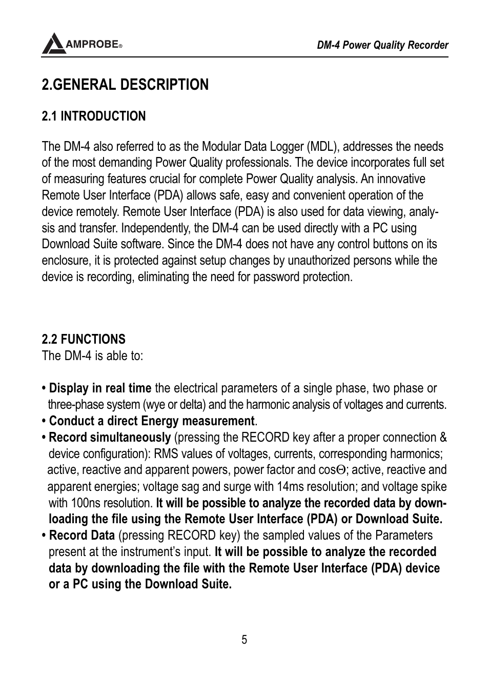 General description | Amprobe DM-4 Power-Quality-Recorder User Manual | Page 6 / 58