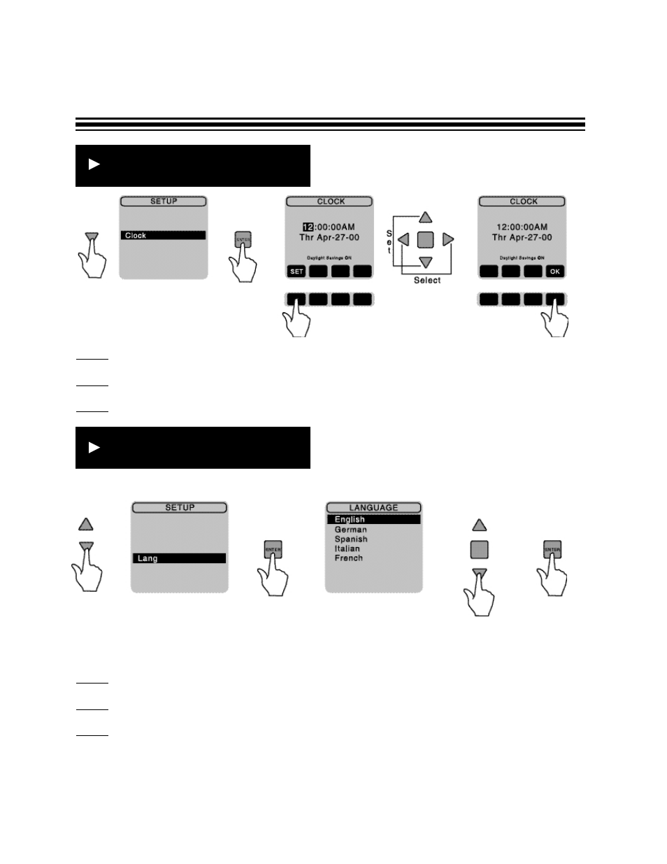 Rlanguage set-up r clock set-up | Amprobe DMII-PRO Data-Logger-Recorder User Manual | Page 9 / 36