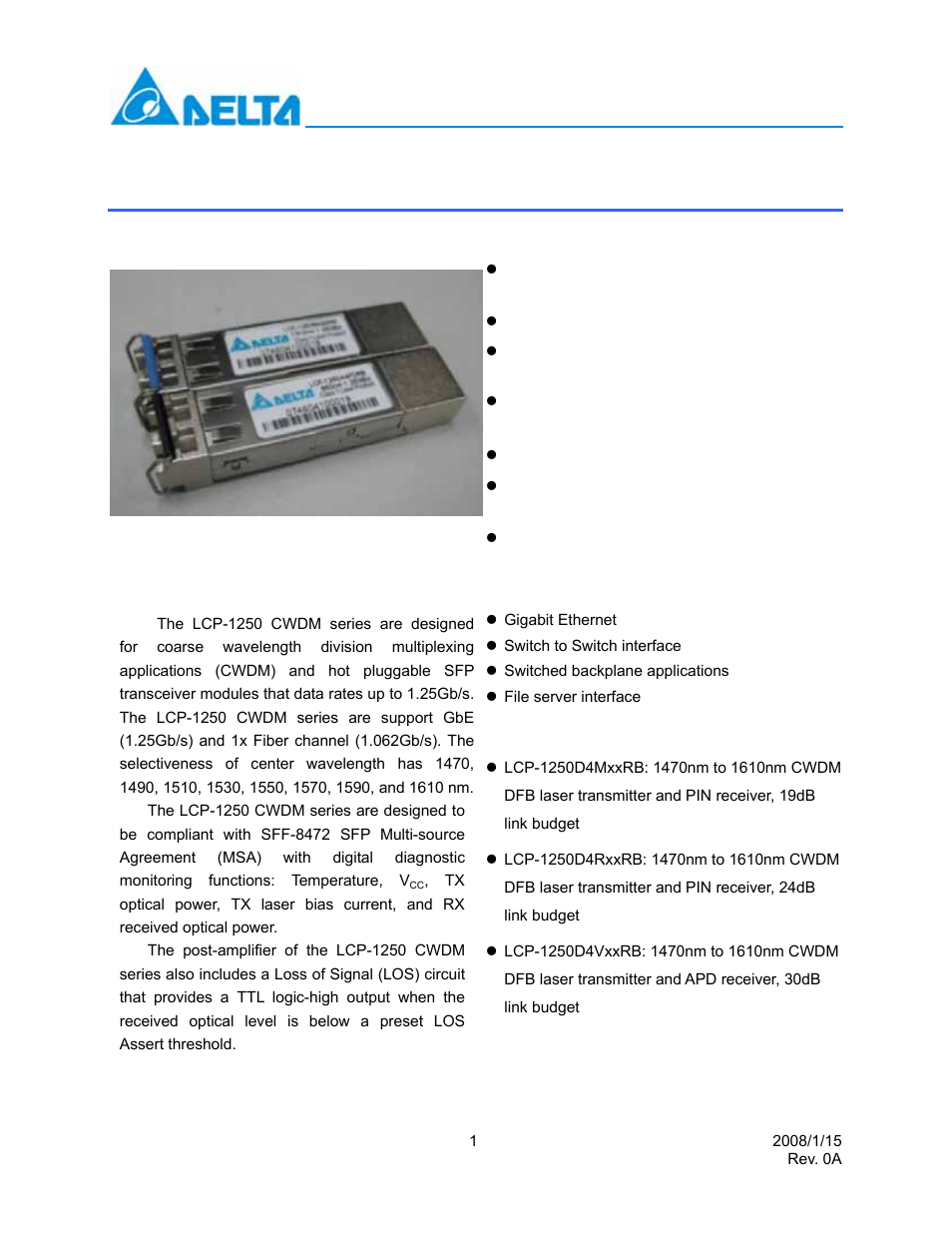 Delta Electronics Multi-Rate CWDM SFP Transceiver LCP-1250 CWDM User Manual | 14 pages