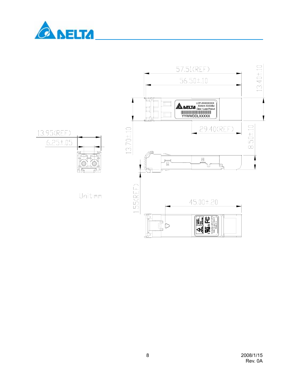 Package outline drawing, Enhanced digital diagnostic interface, Delta electronics, inc | Delta Electronics Multi-Rate CWDM SFP Transceiver LCP-1250 CWDM User Manual | Page 8 / 14