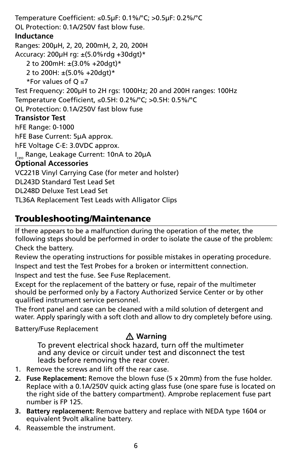 Troubleshooting/maintenance | Amprobe LCR55A Inductance-Capacitance-Resistance-Meter User Manual | Page 10 / 44