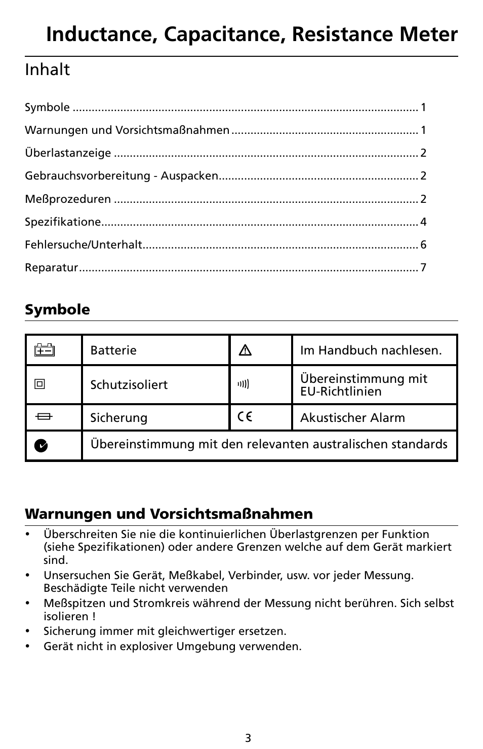 Inductance, capacitance, resistance meter, Inhalt | Amprobe LCR55A Inductance-Capacitance-Resistance-Meter User Manual | Page 17 / 44