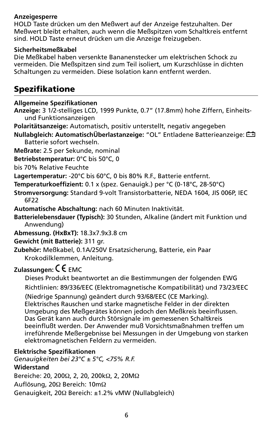 Spezifikatione | Amprobe LCR55A Inductance-Capacitance-Resistance-Meter User Manual | Page 20 / 44