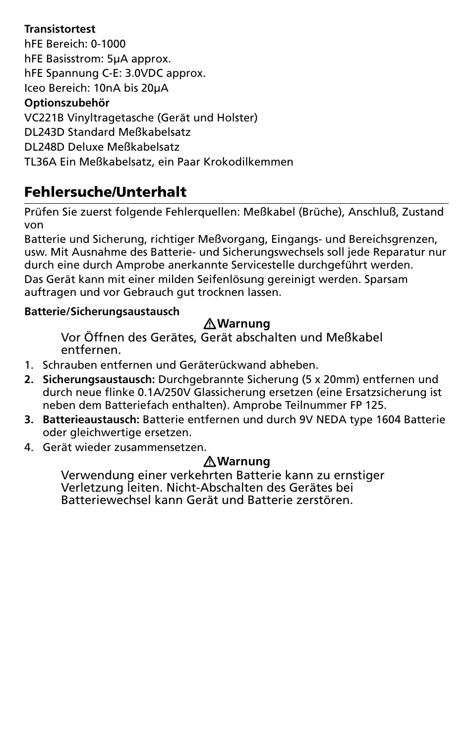 Fehlersuche/unterhalt | Amprobe LCR55A Inductance-Capacitance-Resistance-Meter User Manual | Page 22 / 44