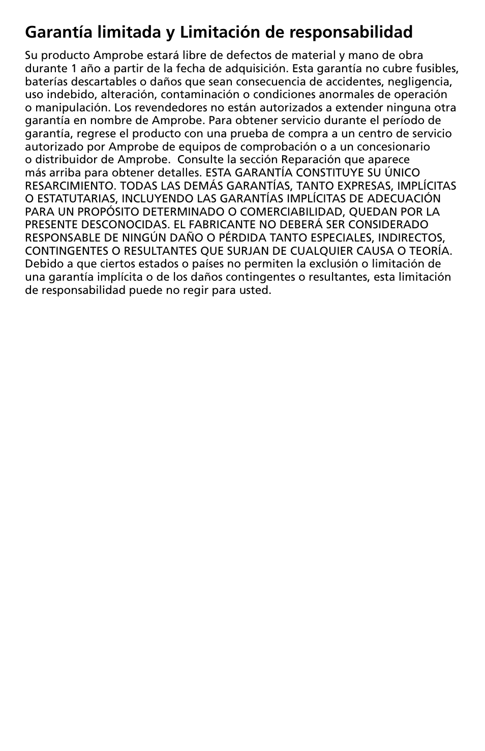 Garantía limitada y limitación de responsabilidad | Amprobe LCR55A Inductance-Capacitance-Resistance-Meter User Manual | Page 26 / 44