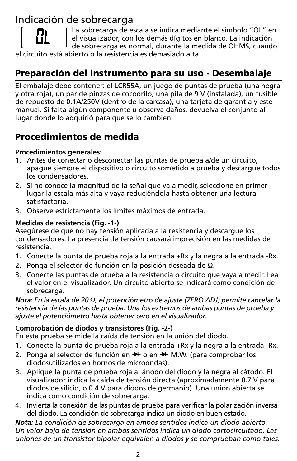 Indicación de sobrecarga, Procedimientos de medida | Amprobe LCR55A Inductance-Capacitance-Resistance-Meter User Manual | Page 28 / 44