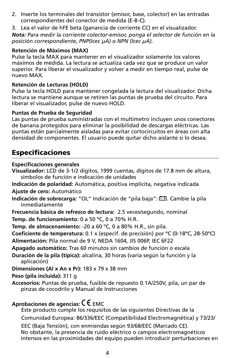 Especificaciones | Amprobe LCR55A Inductance-Capacitance-Resistance-Meter User Manual | Page 30 / 44