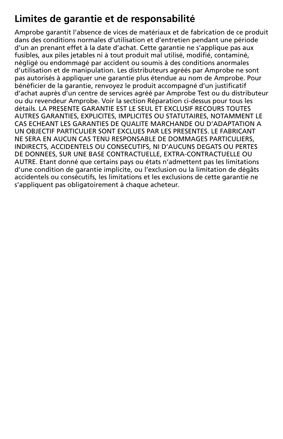 Limites de garantie et de responsabilité | Amprobe LCR55A Inductance-Capacitance-Resistance-Meter User Manual | Page 36 / 44