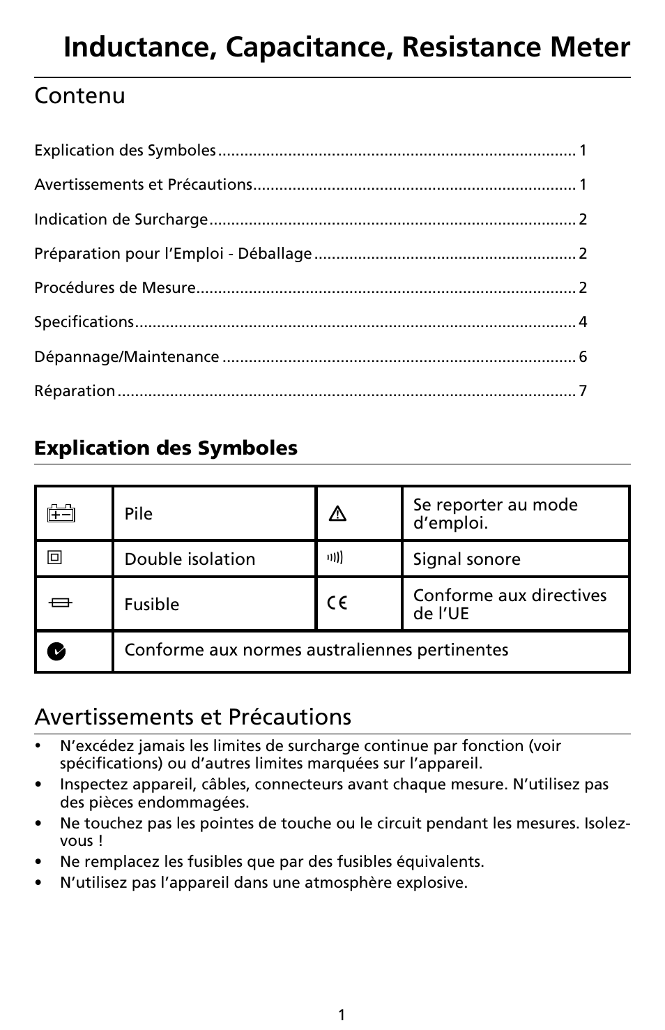 Inductance, capacitance, resistance meter, Contenu, Avertissements et précautions | Amprobe LCR55A Inductance-Capacitance-Resistance-Meter User Manual | Page 37 / 44