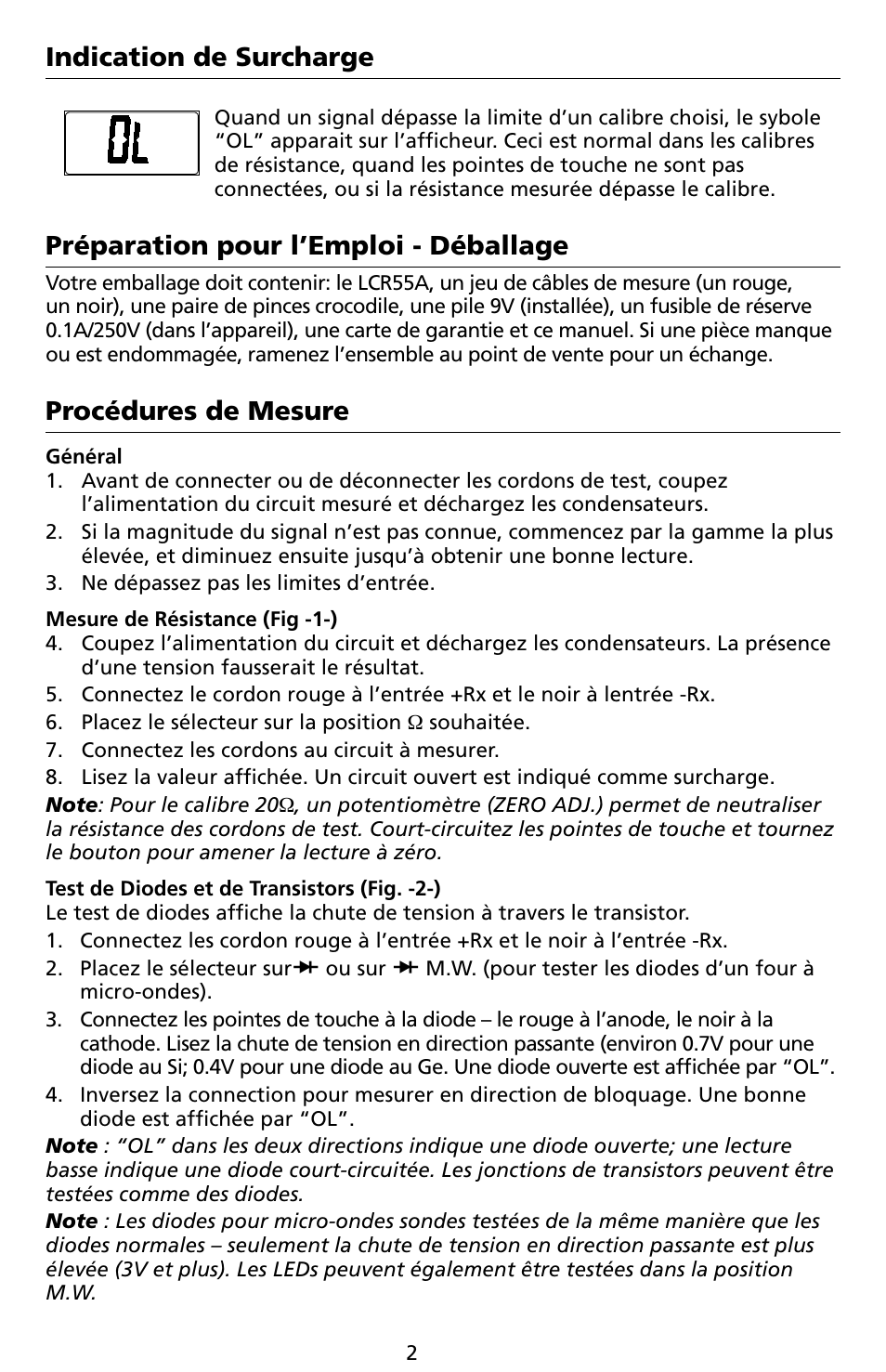 Indication de surcharge, Préparation pour l’emploi - déballage, Procédures de mesure | Amprobe LCR55A Inductance-Capacitance-Resistance-Meter User Manual | Page 38 / 44