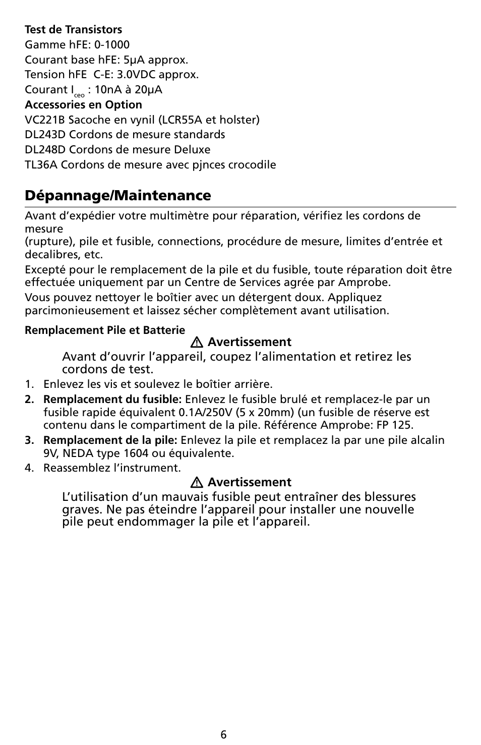 Dépannage/maintenance | Amprobe LCR55A Inductance-Capacitance-Resistance-Meter User Manual | Page 42 / 44