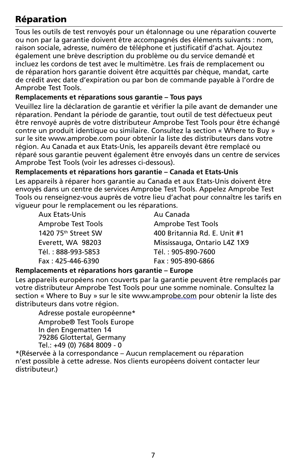 Réparation | Amprobe LCR55A Inductance-Capacitance-Resistance-Meter User Manual | Page 43 / 44
