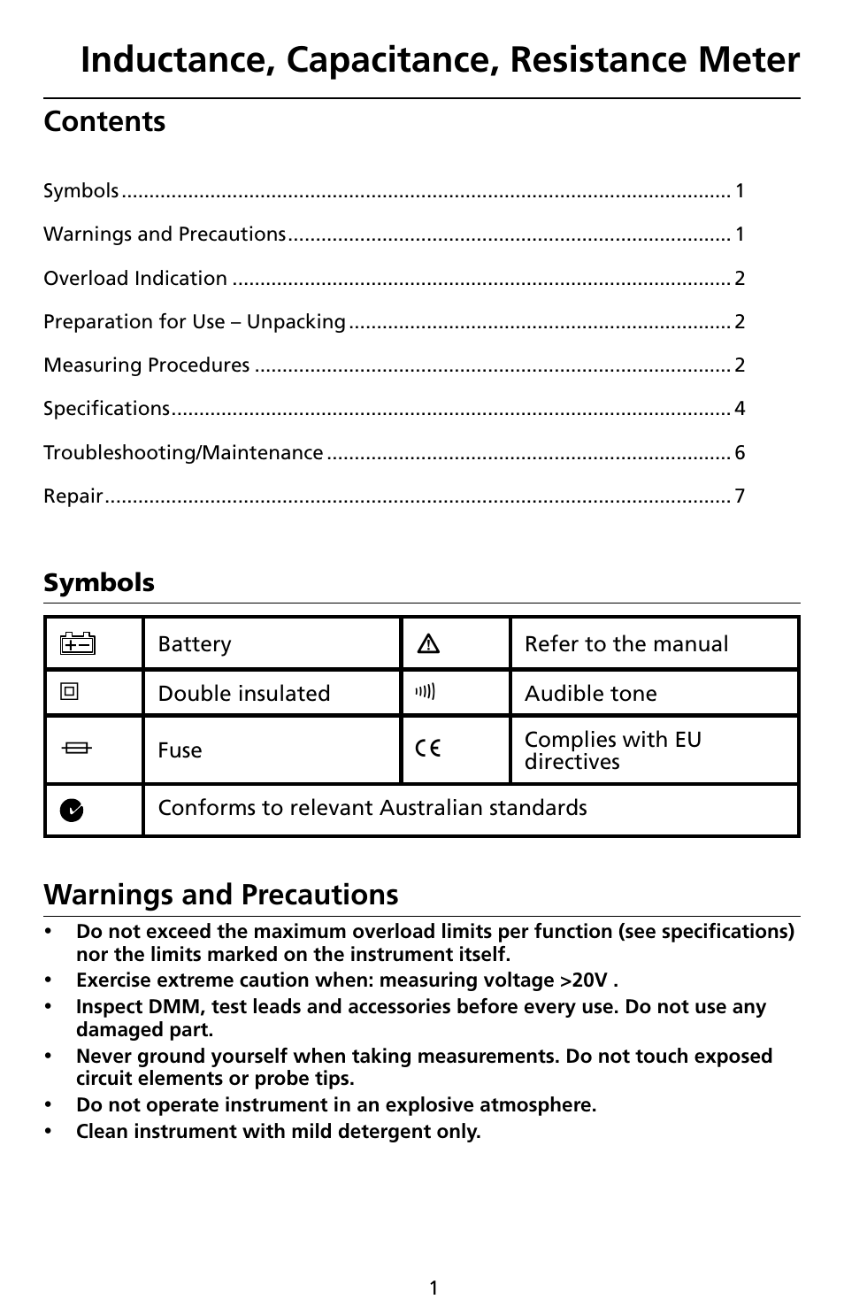 Amprobe LCR55A Inductance-Capacitance-Resistance-Meter User Manual | Page 5 / 44