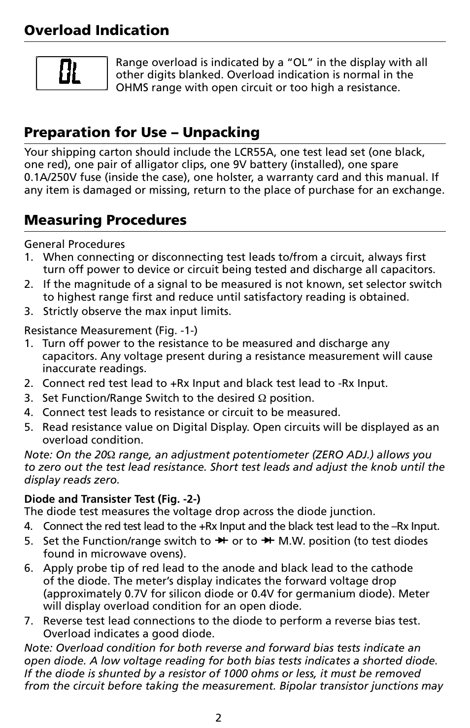 Overload indication, Preparation for use – unpacking, Measuring procedures | Amprobe LCR55A Inductance-Capacitance-Resistance-Meter User Manual | Page 6 / 44