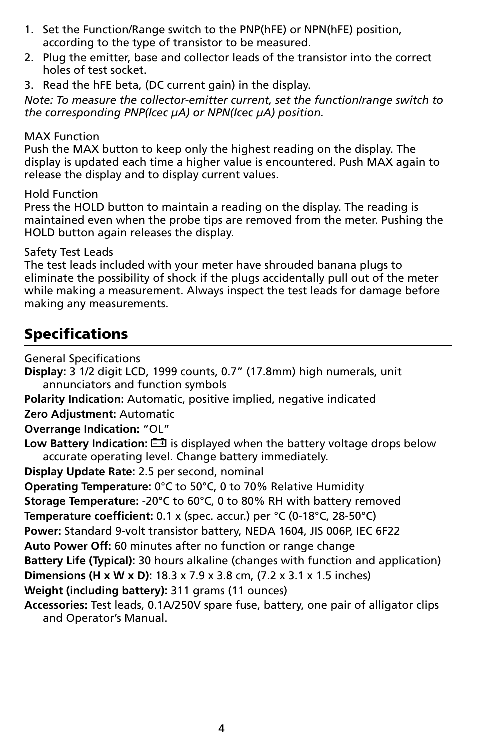 Specifications | Amprobe LCR55A Inductance-Capacitance-Resistance-Meter User Manual | Page 8 / 44