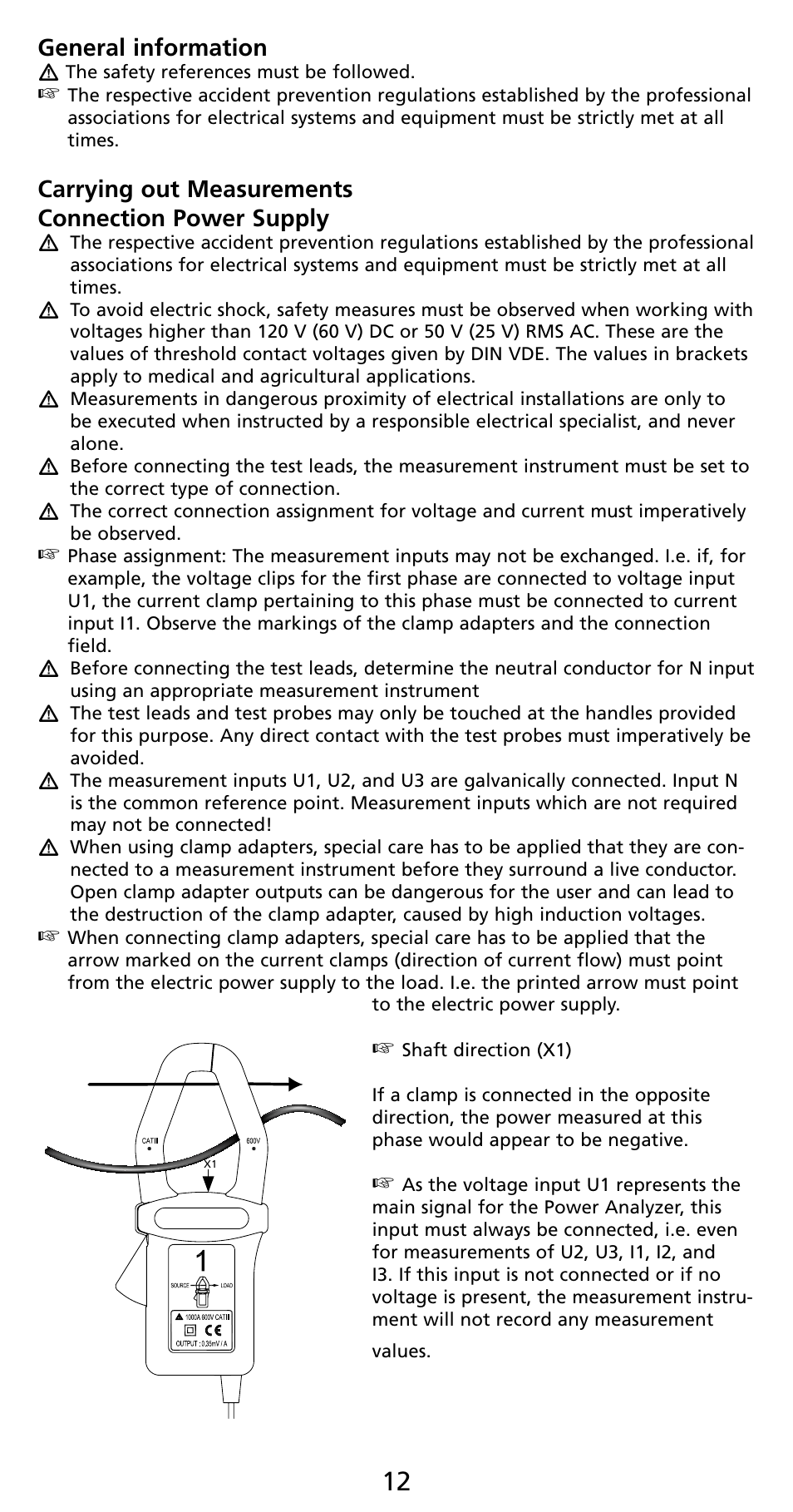 General information, Carrying out measurements connection power supply | Amprobe PQ55A Power-Analyzer User Manual | Page 12 / 43