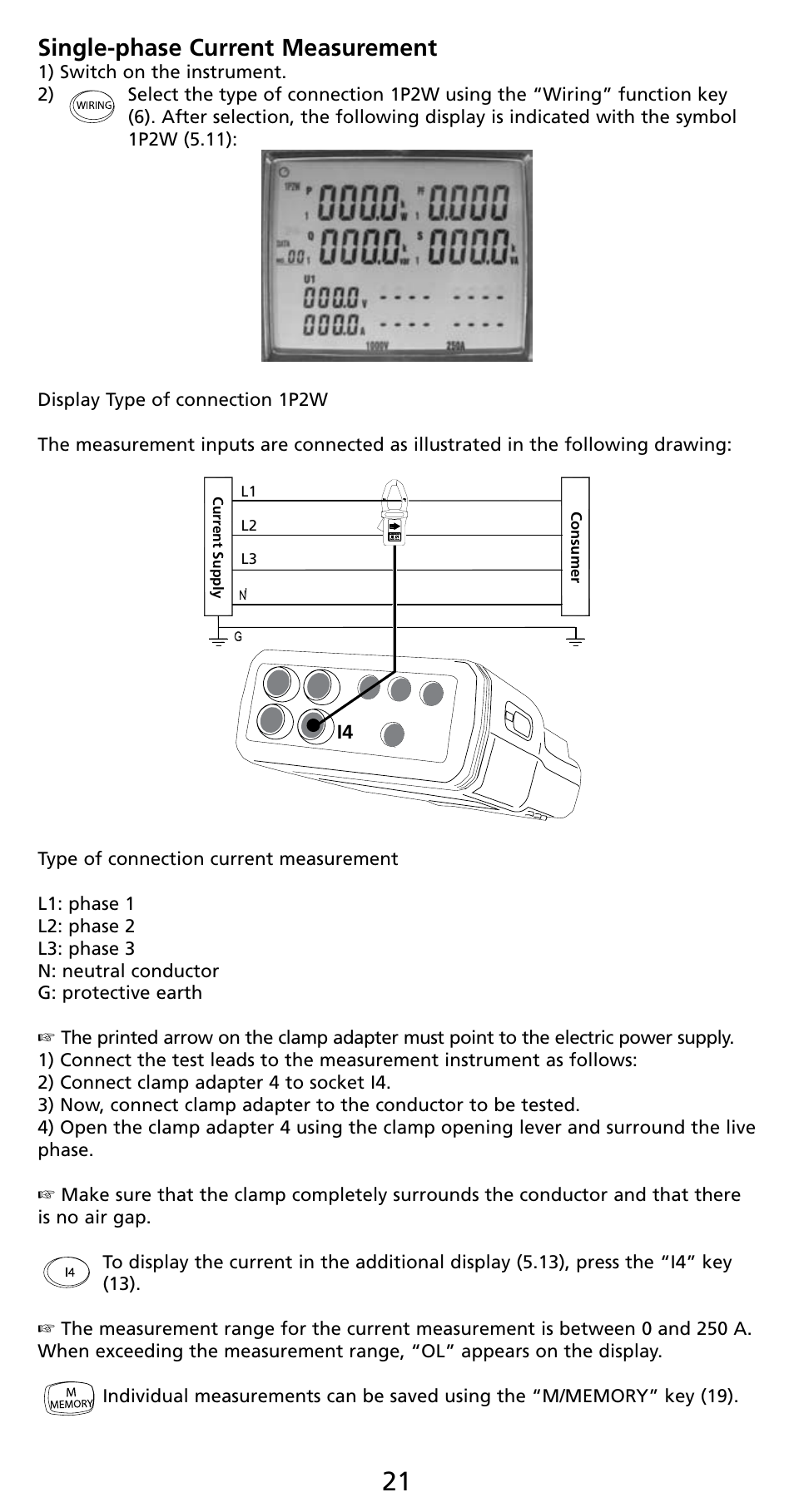 Single-phase current measurement | Amprobe PQ55A Power-Analyzer User Manual | Page 21 / 43