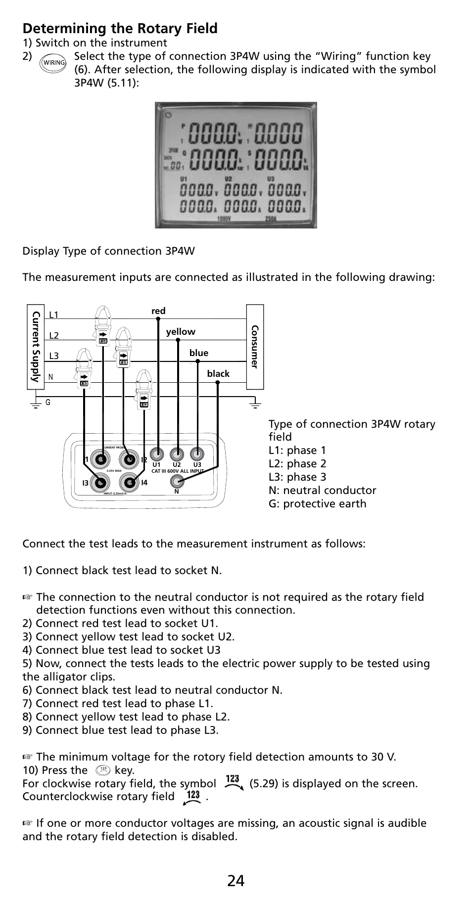 Determining the rotary field | Amprobe PQ55A Power-Analyzer User Manual | Page 24 / 43